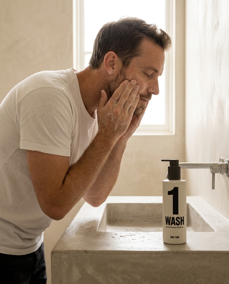 Man washing his face with ONE TWO 1 WASH