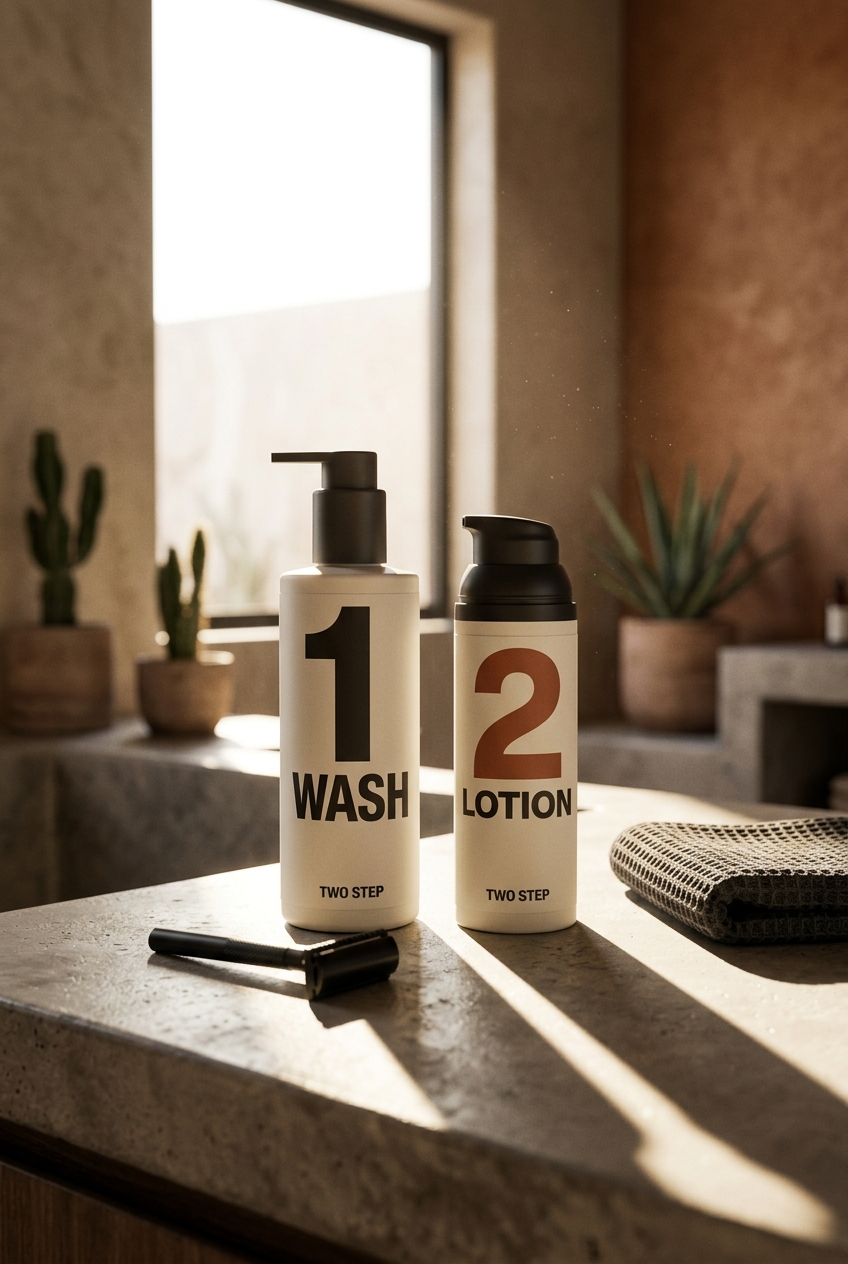 TWO STEP wash and lotion on a warm bathroom counter